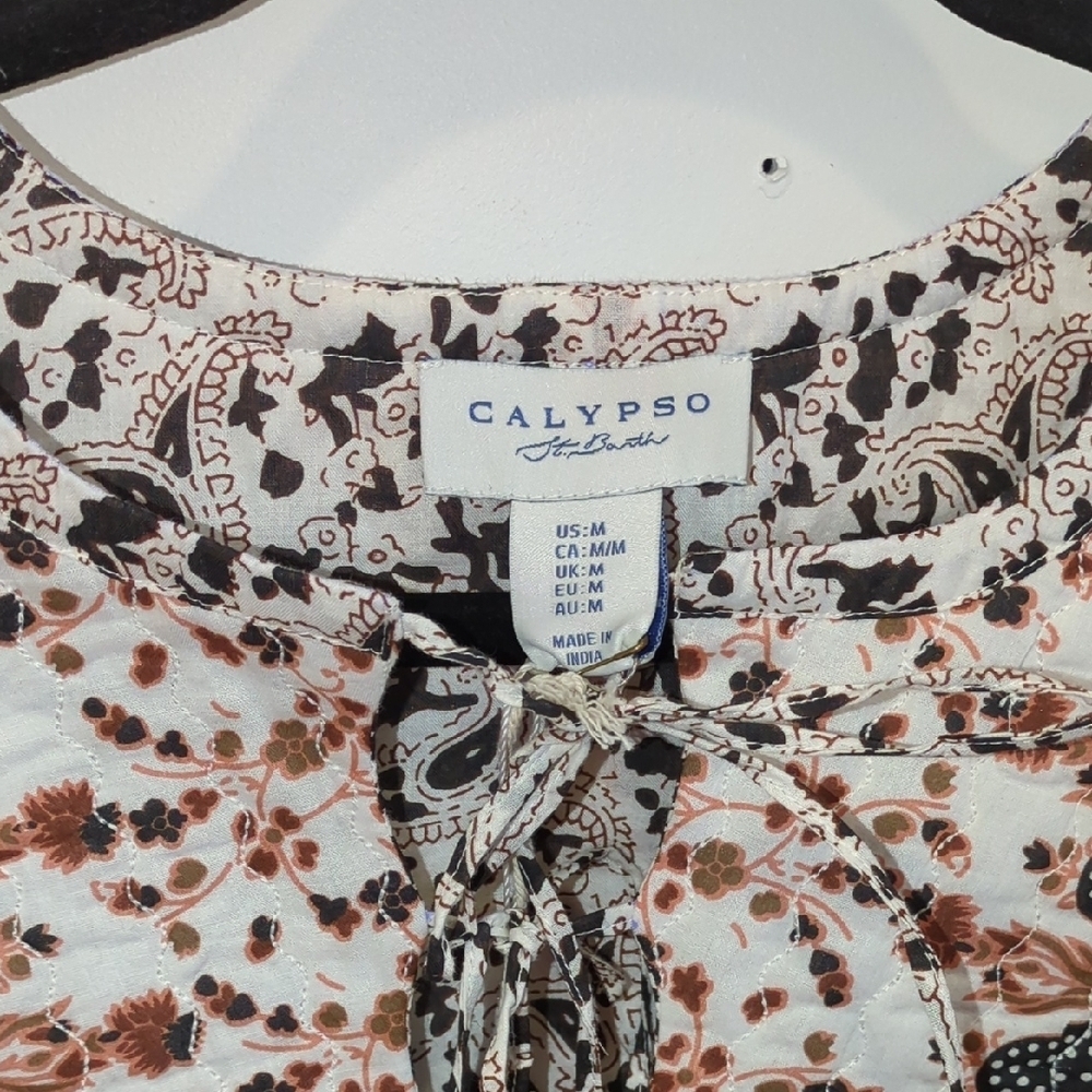 Calypso St. Barth Cotton Ivory Floral Ruffle Tie Up Boho Peasant Blouse Medium - Picture 2 of 6